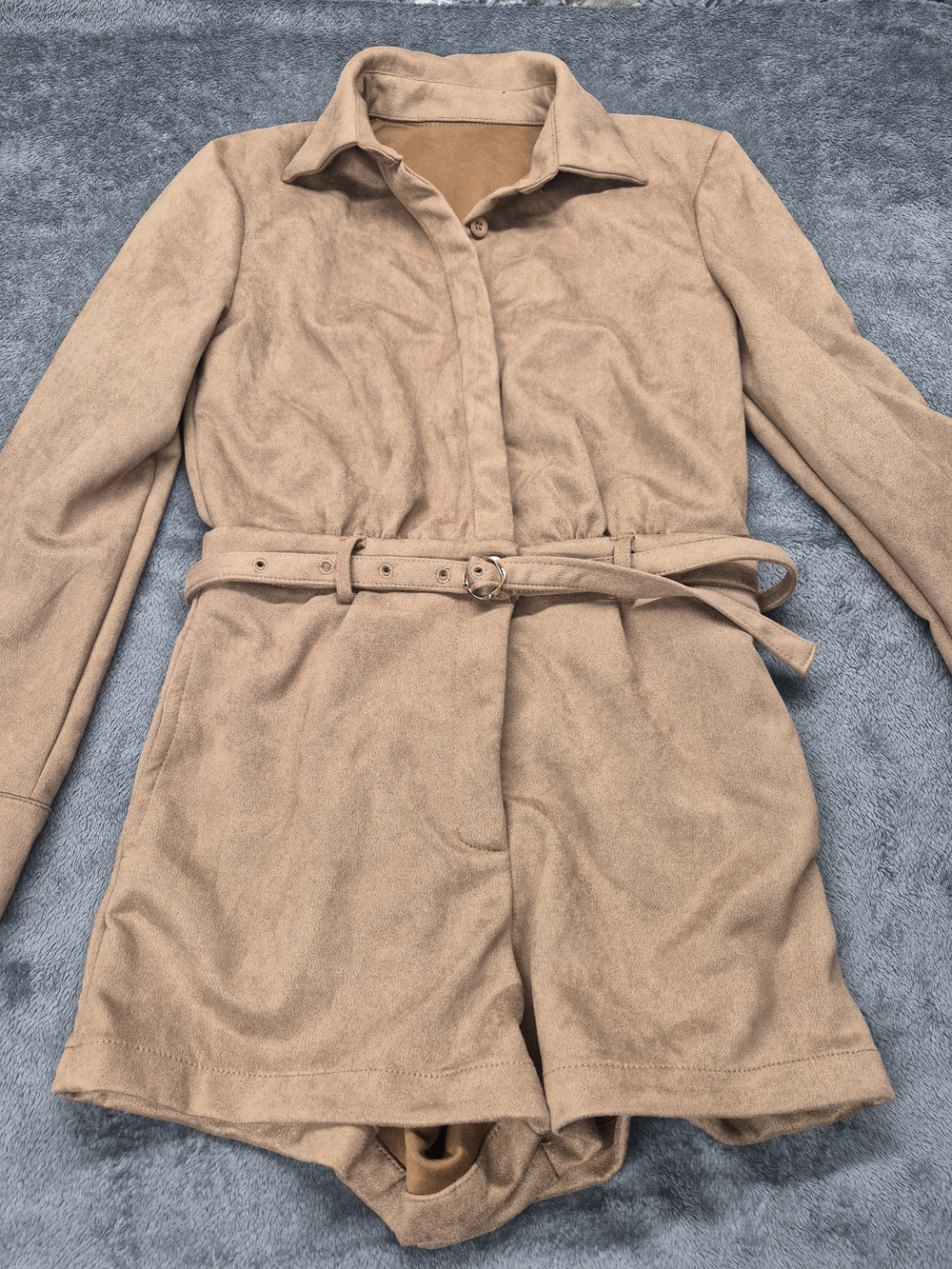 HAUTURE Brown Faux Suede Long Sleeve  Collared Romper  Xs Belt With Buckle